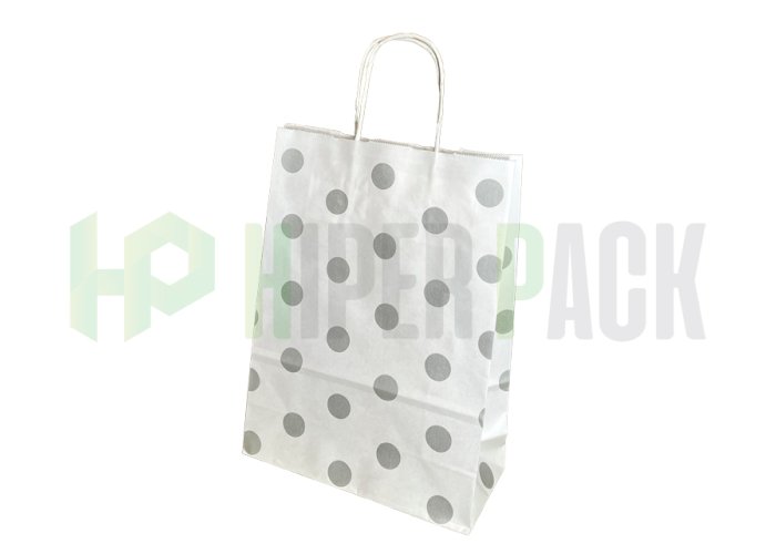 Bolsa de papel fantasía con manija estampada - Varios diseños y medidas - Bolsa Lunares Plata 22X30