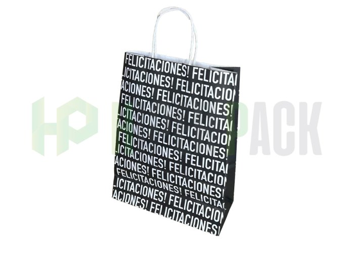 Bolsa de papel fantasía con manija estampada - Varios diseños y medidas - Bolsa Felicidades Negra 22X30