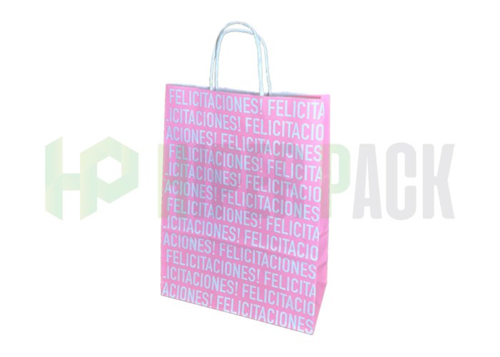 Bolsa de papel fantasía con manija estampada - Varios diseños y medidas - Bolsa Felicidades Rosa 22X30
